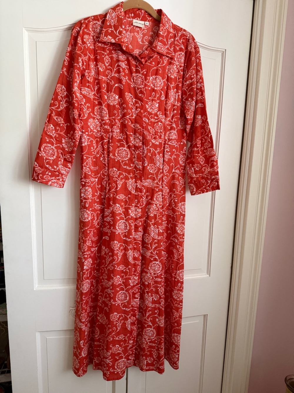 Red Floral Button-Front Maxi Dress with Collar